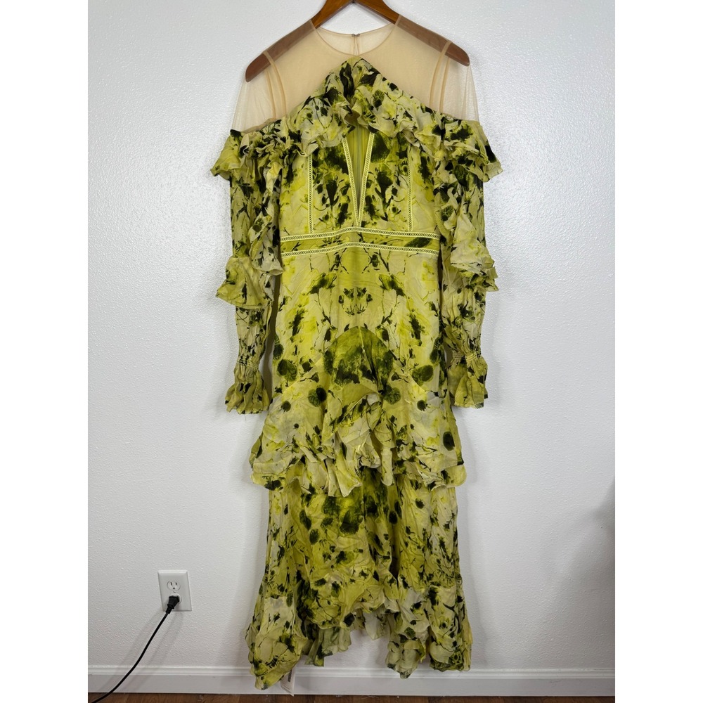 Marchesa Notte Floral Ruffle Mesh Midi Dress Chartreuse Green Size 4